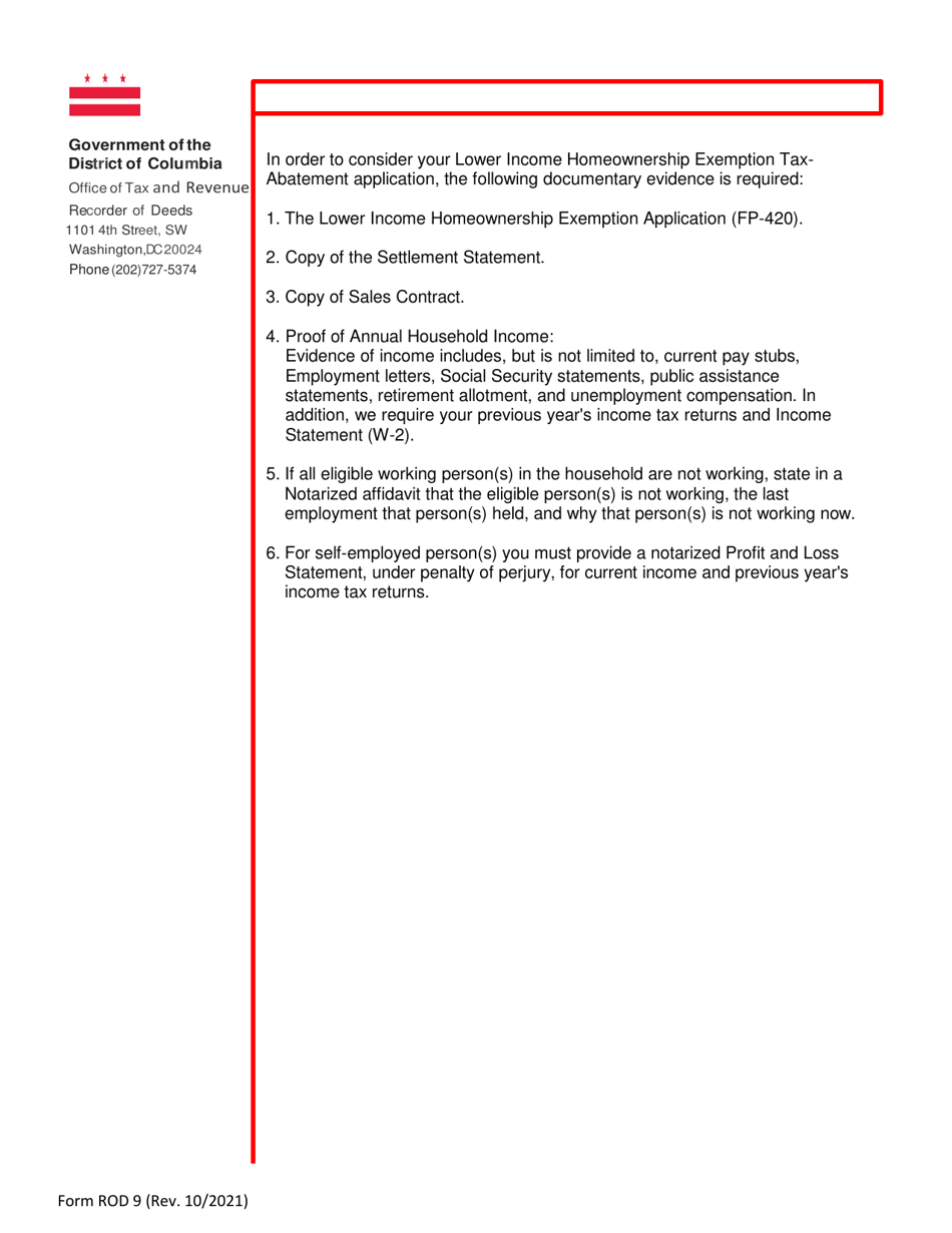 Form ROD9 Lower Income / Share Equity Homeownership Exemption Application - Washington, D.C., Page 2