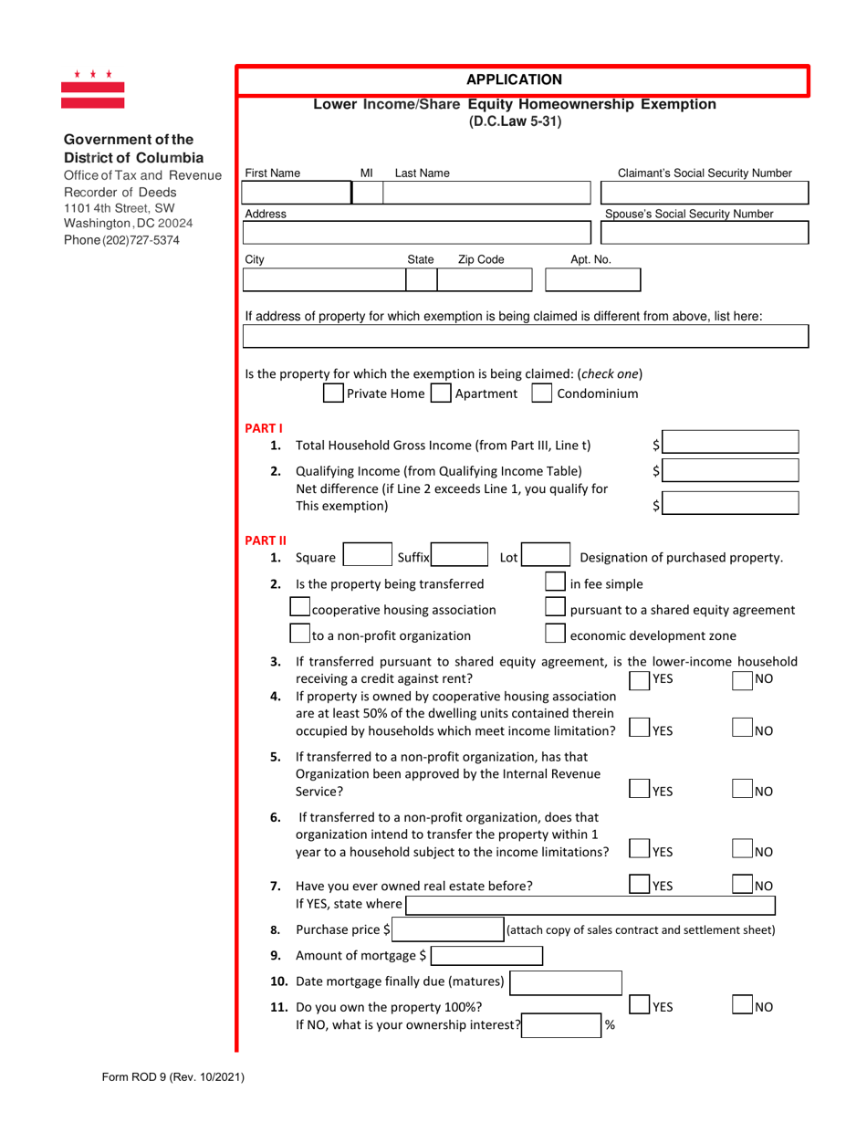 Form ROD9 Lower Income / Share Equity Homeownership Exemption Application - Washington, D.C., Page 5