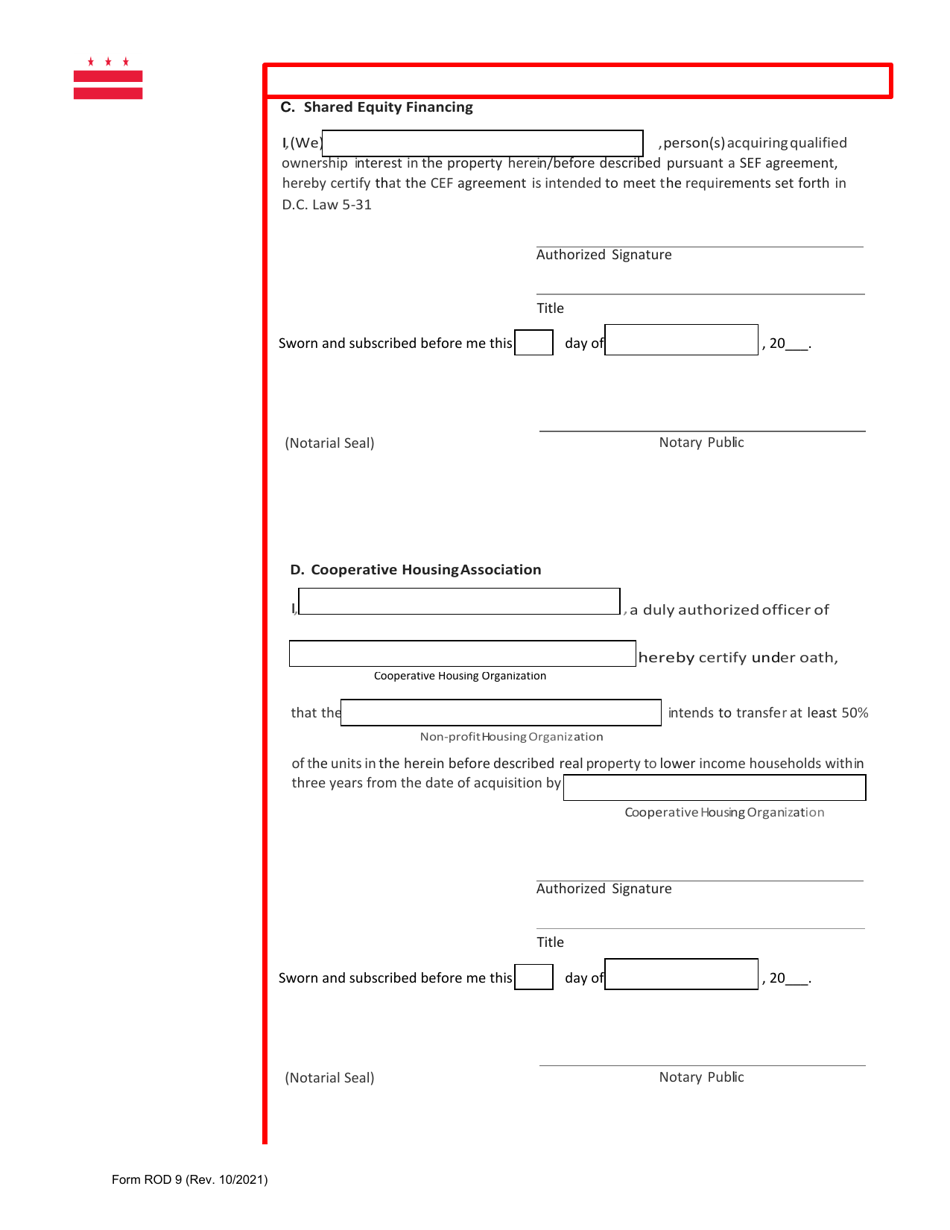 Form ROD9 Lower Income / Share Equity Homeownership Exemption Application - Washington, D.C., Page 9