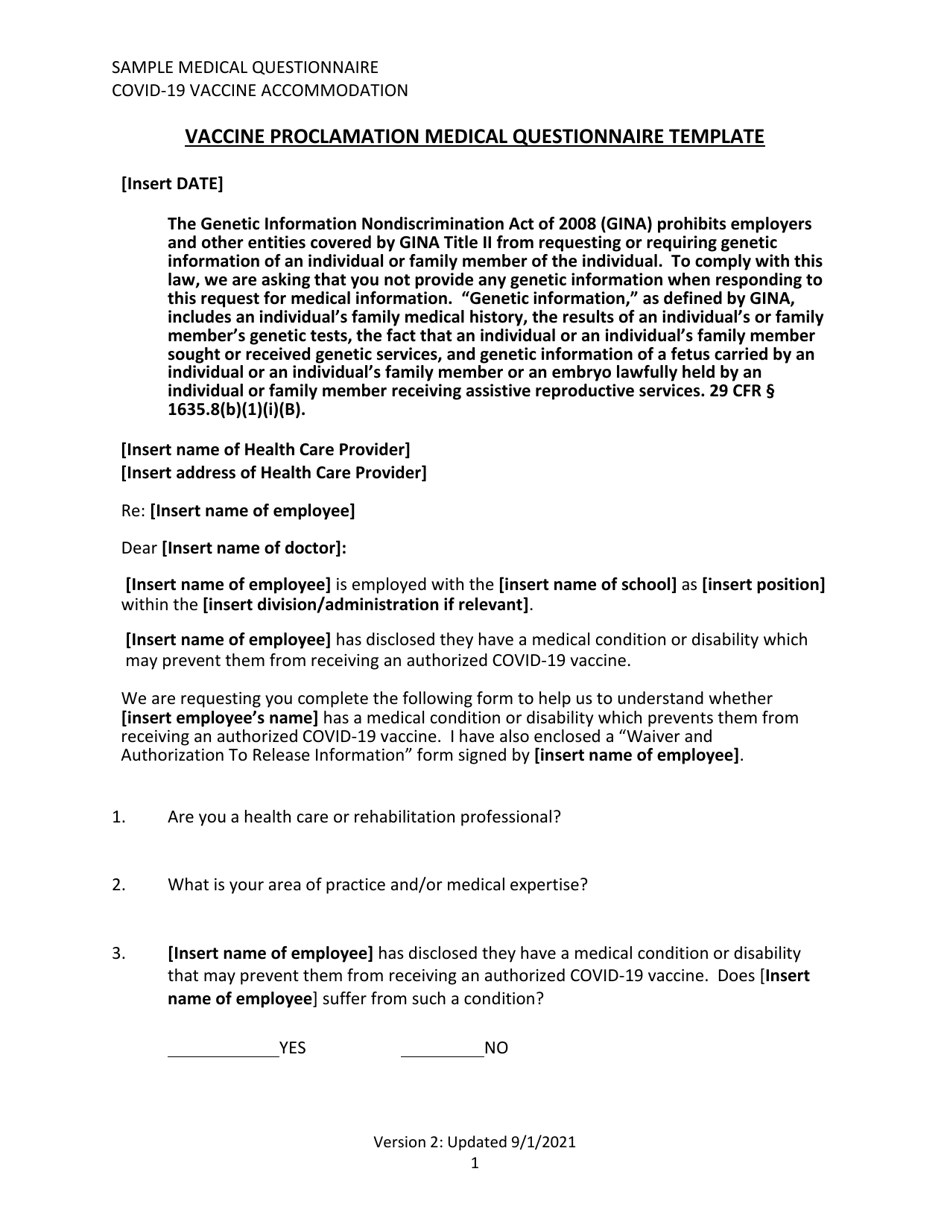 Vaccine Proclamation Medical Questionnaire Template - Washington, Page 1