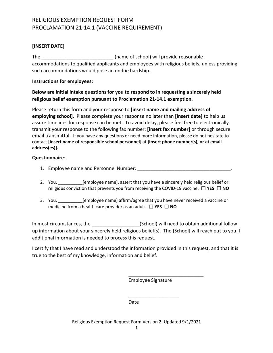 Religious Exemption Request Form - Washington, Page 1