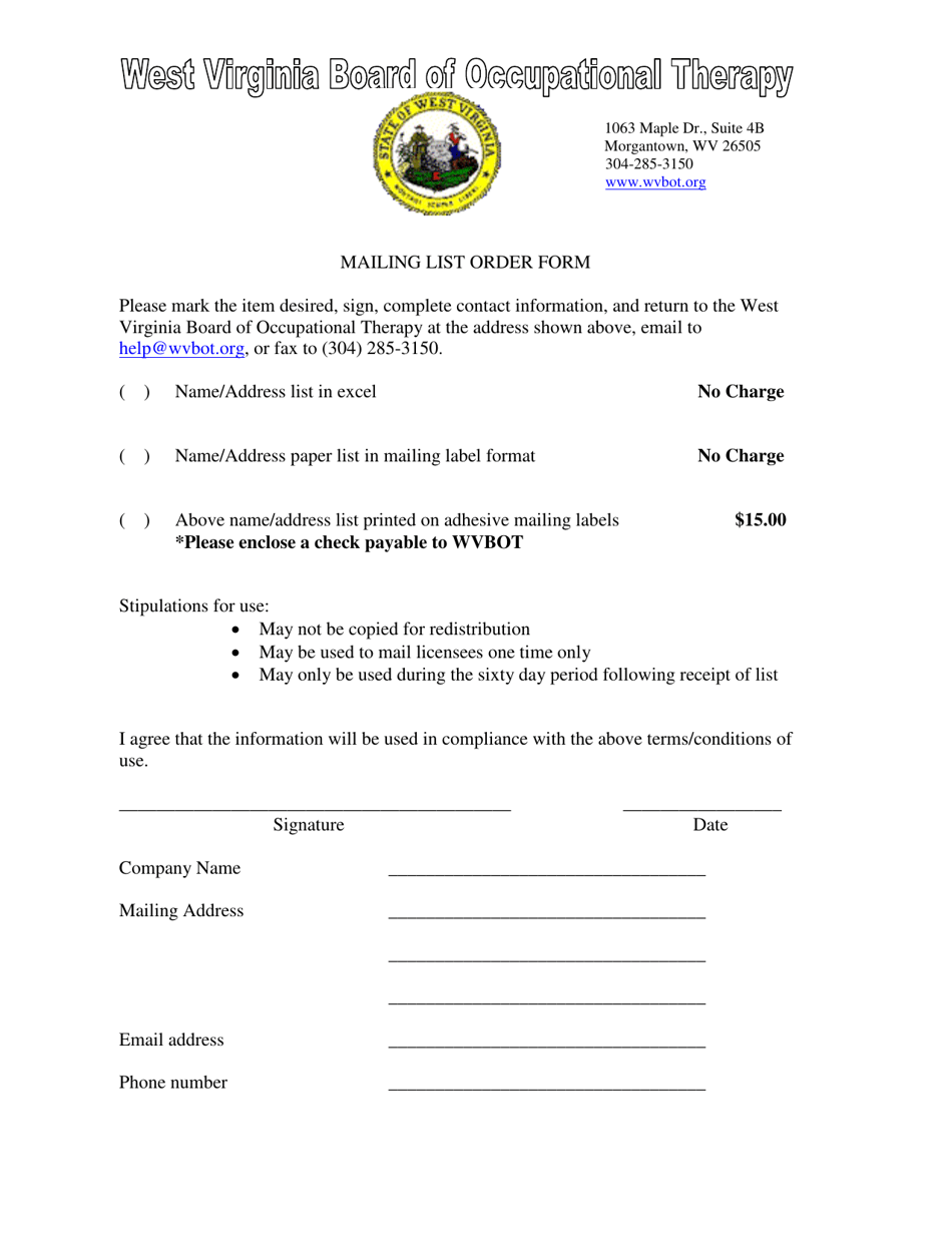 Mailing List Order Form - West Virginia, Page 1