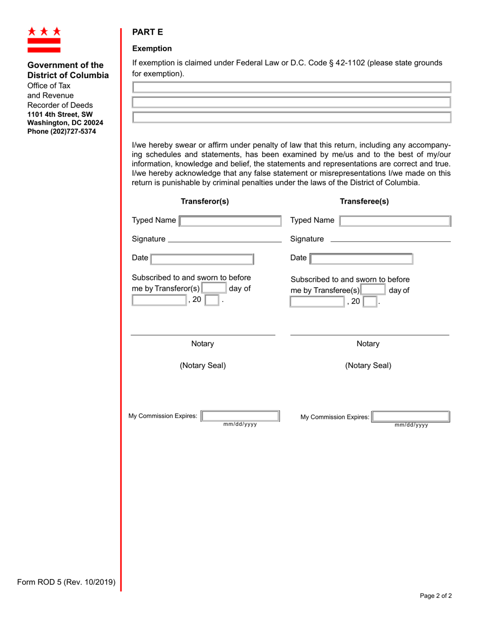 Form ROD5 Transfer of Economic Interest Tax Return - Washington, D.C., Page 2