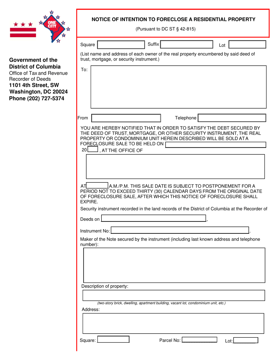 Form FM-5 (ROD14.1) Notice of Intention to Foreclose a Residential Property - Washington, D.C., Page 1