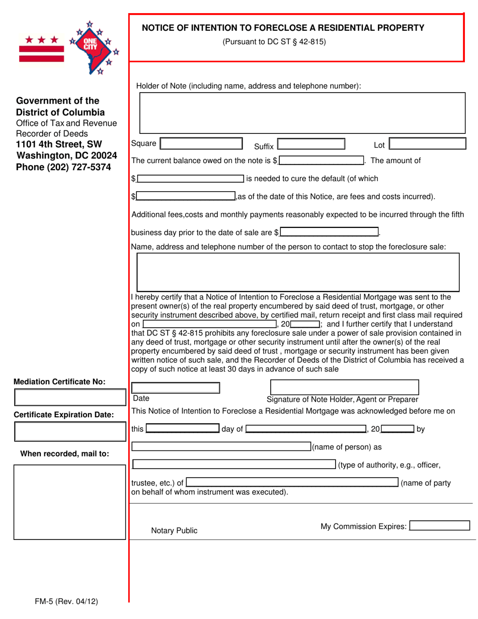 Form FM-5 (ROD14.1) Notice of Intention to Foreclose a Residential Property - Washington, D.C., Page 2