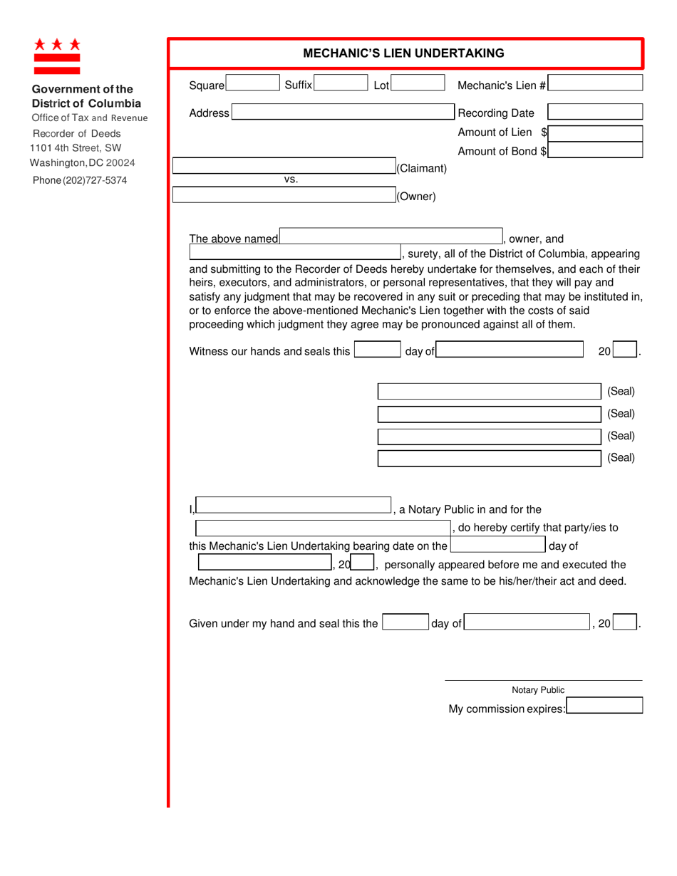 Form ROD17 Mechanics Lien Undertaking - Washington, D.C., Page 1