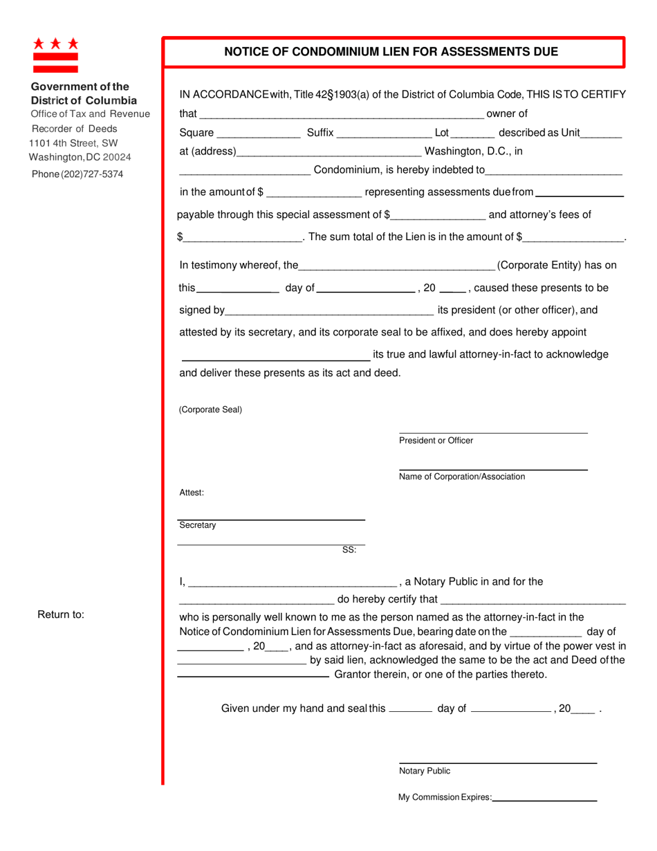Form ROD12 Notice of Condominium Lien for Assessments Due - Washington, D.C., Page 1