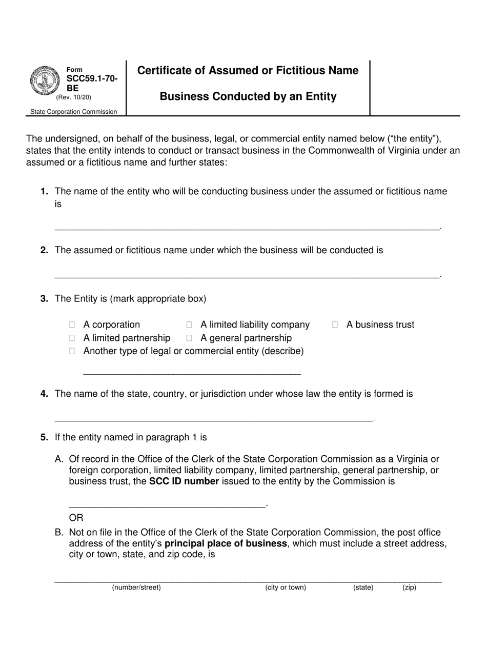 Form SCC59.1-70-BE Certificate of Assumed or Fictitious Name - Business Conducted by an Entity - Virginia, Page 2