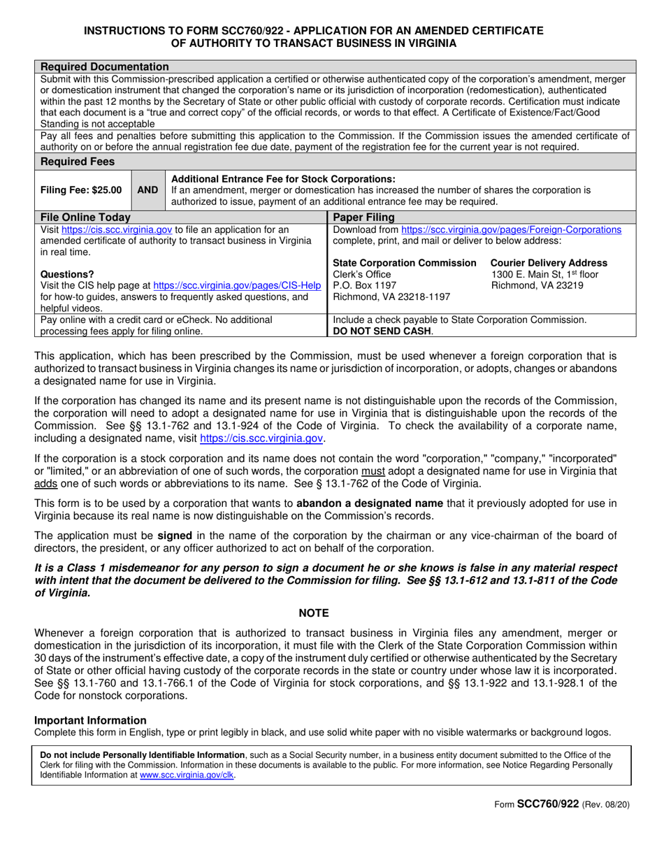 Form SCC760 / 922 Application for an Amended Certificate of Authority to Transact Business in Virginia - Virginia, Page 1