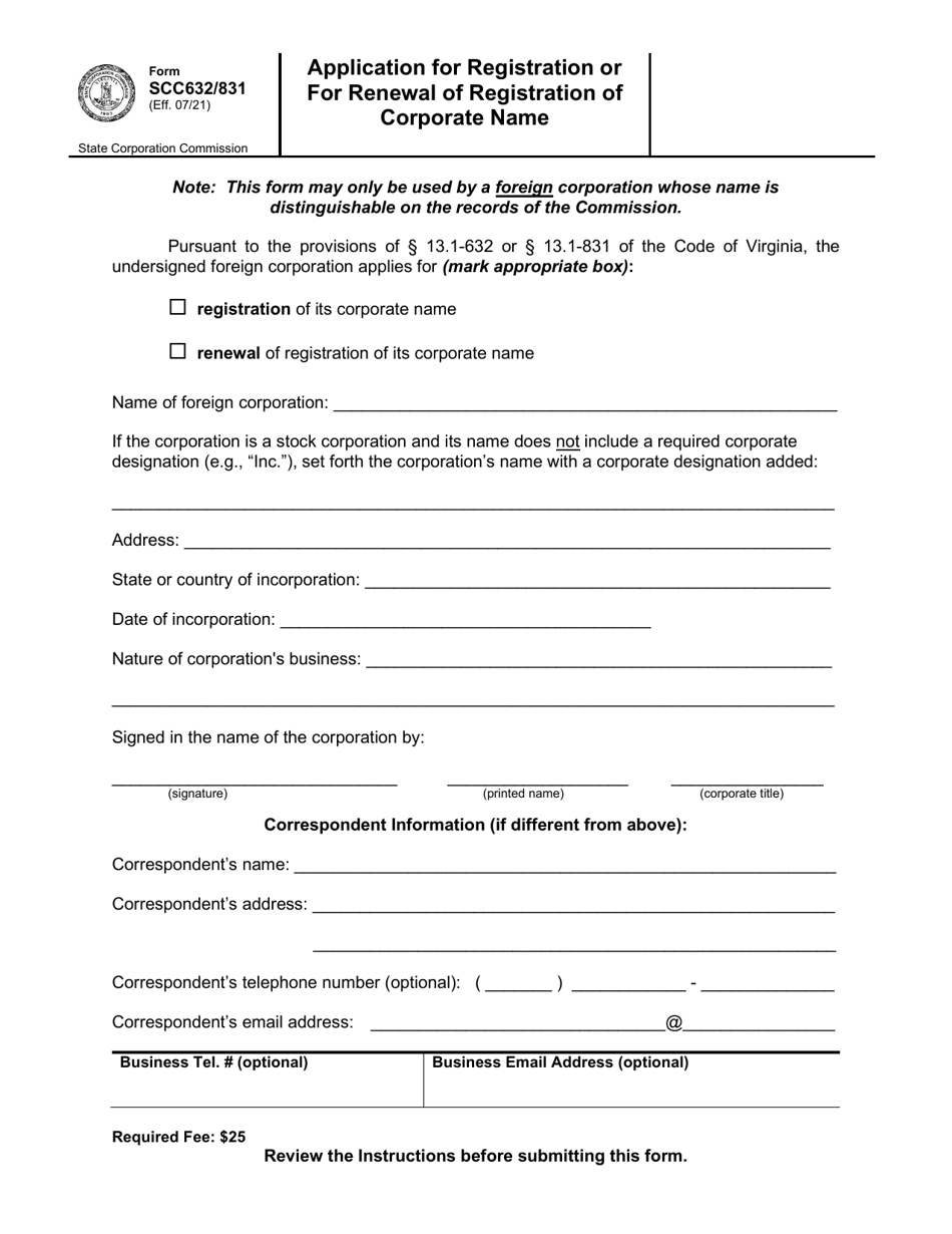 Form SCC632 / 831 Application for Registration or for Renewal of Registration of Corporate Name - Virginia, Page 1