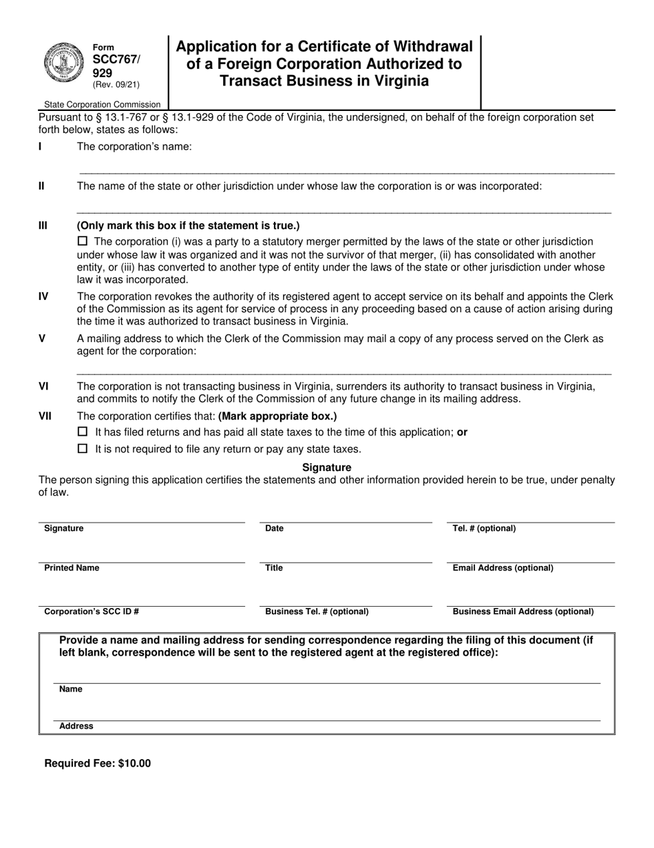 Form SCC767 / 929 Application for a Certificate of Withdrawal of a Foreign Corporation Authorized to Transact Business in Virginia - Virginia, Page 2