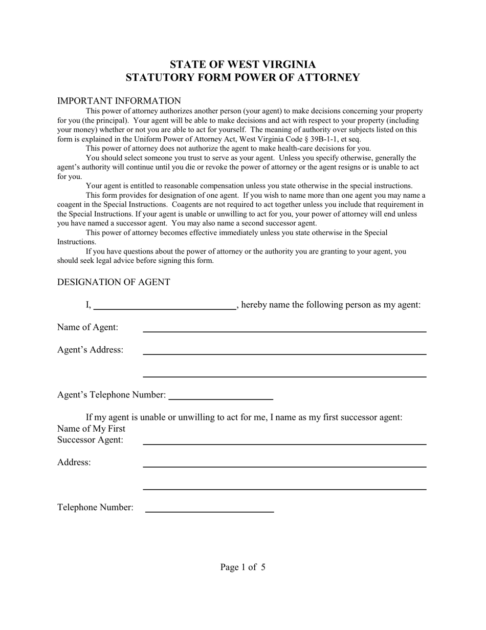 Statutory Form Power of Attorney - West Virginia, Page 1