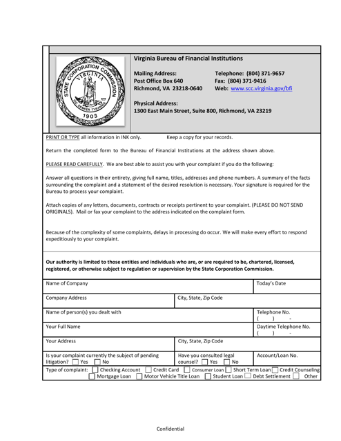 Complaint Form - Virginia Download Pdf