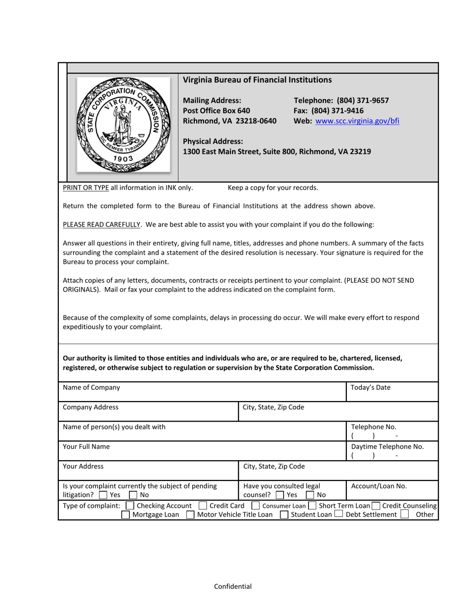 Complaint Form - Virginia, Page 1