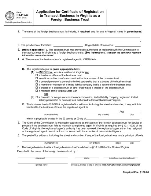 Form BTA1242 Application for Certificate of Registration to Transact Business in Virginia as a Foreign Business Trust - Virginia