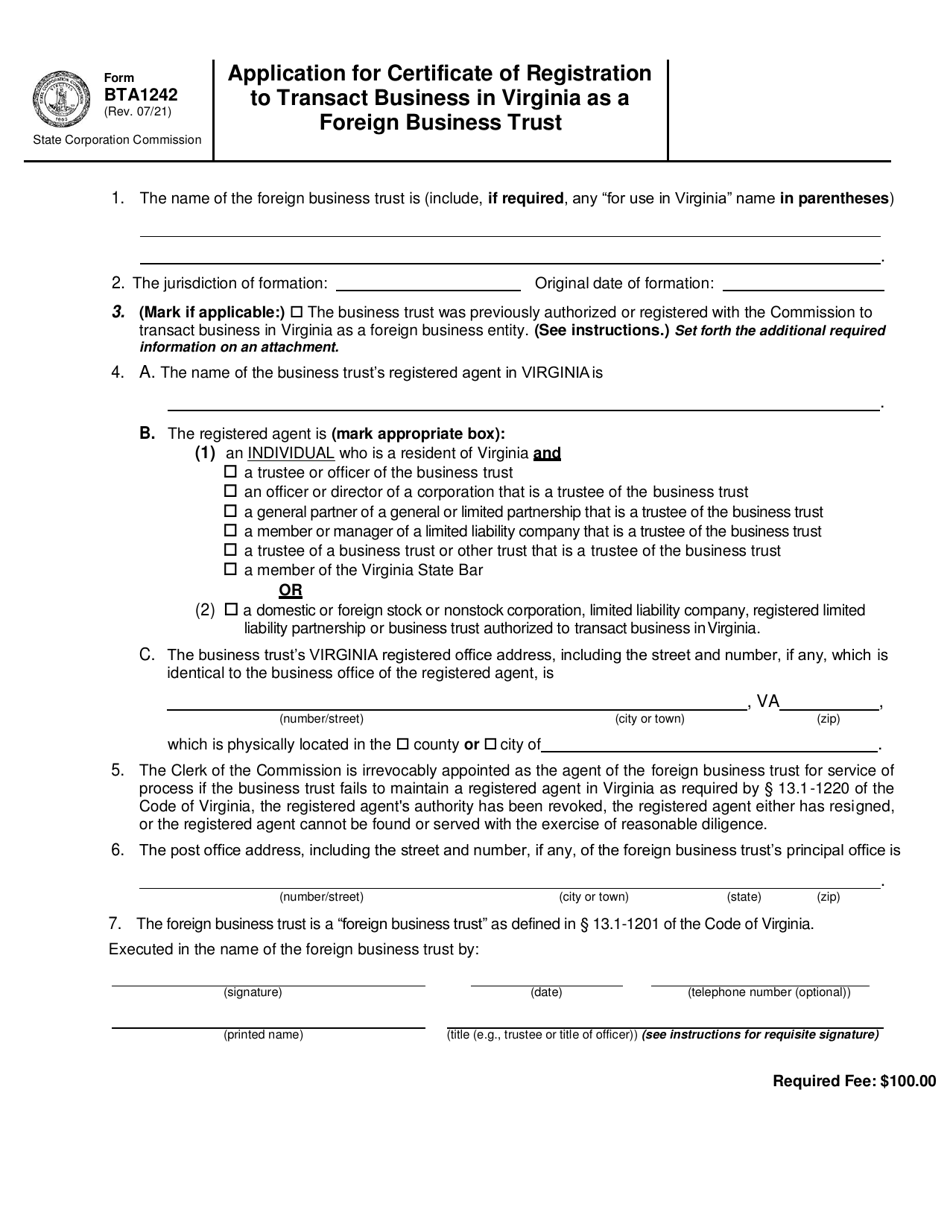 Form BTA1242 Application for Certificate of Registration to Transact Business in Virginia as a Foreign Business Trust - Virginia, Page 1