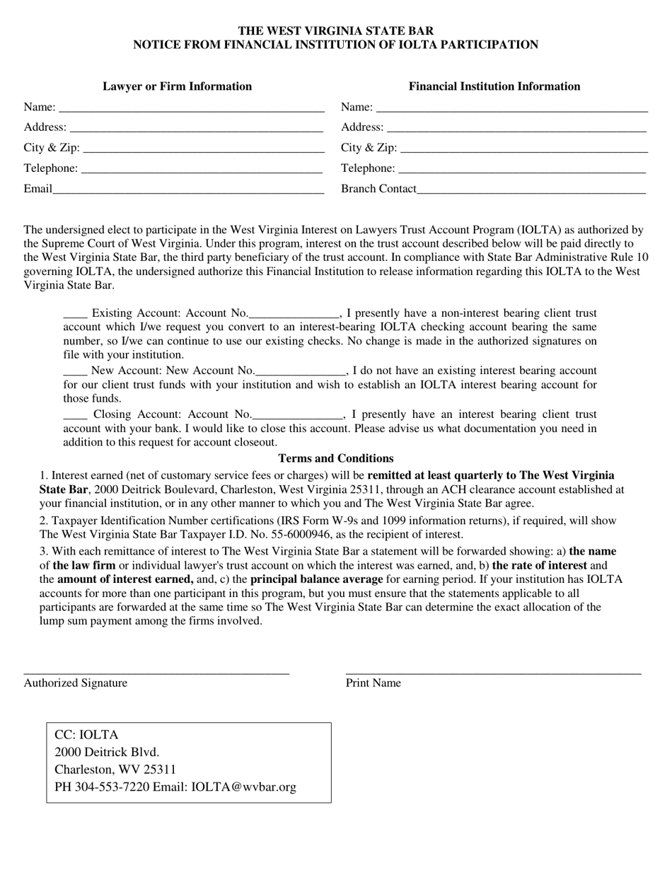 Notice From Financial Institution of Iolta Participation - West Virginia, Page 1