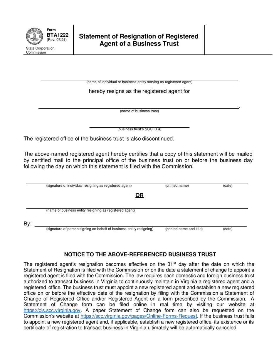 Form BTA1222 Statement of Resignation of Registered Agent of a Business Trust - Virginia, Page 2