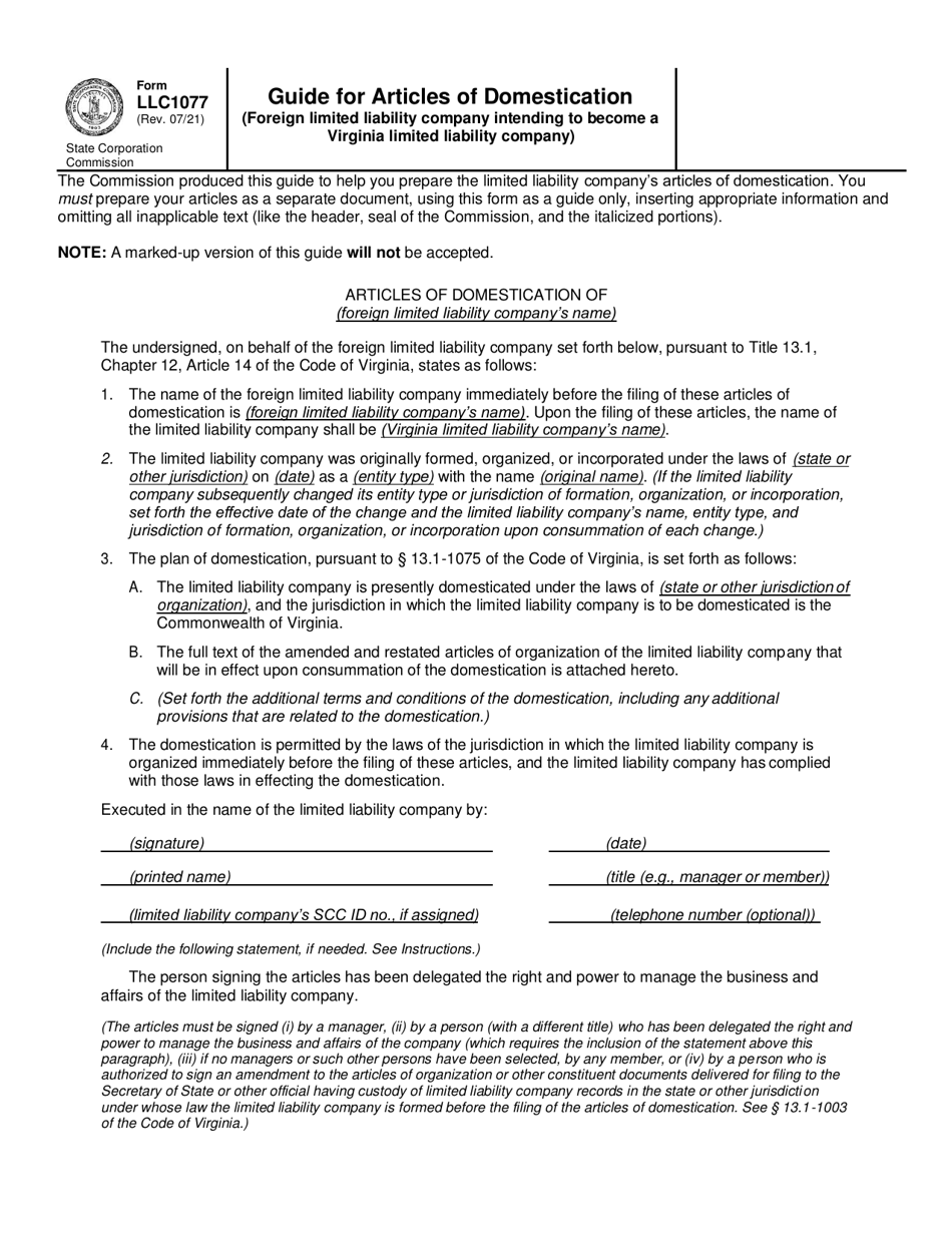 Form LLC1077 Guide for Articles of Domestication (Foreign Limited Liability Company Intending to Become a Virginia Limited Liability Company) - Virginia, Page 2