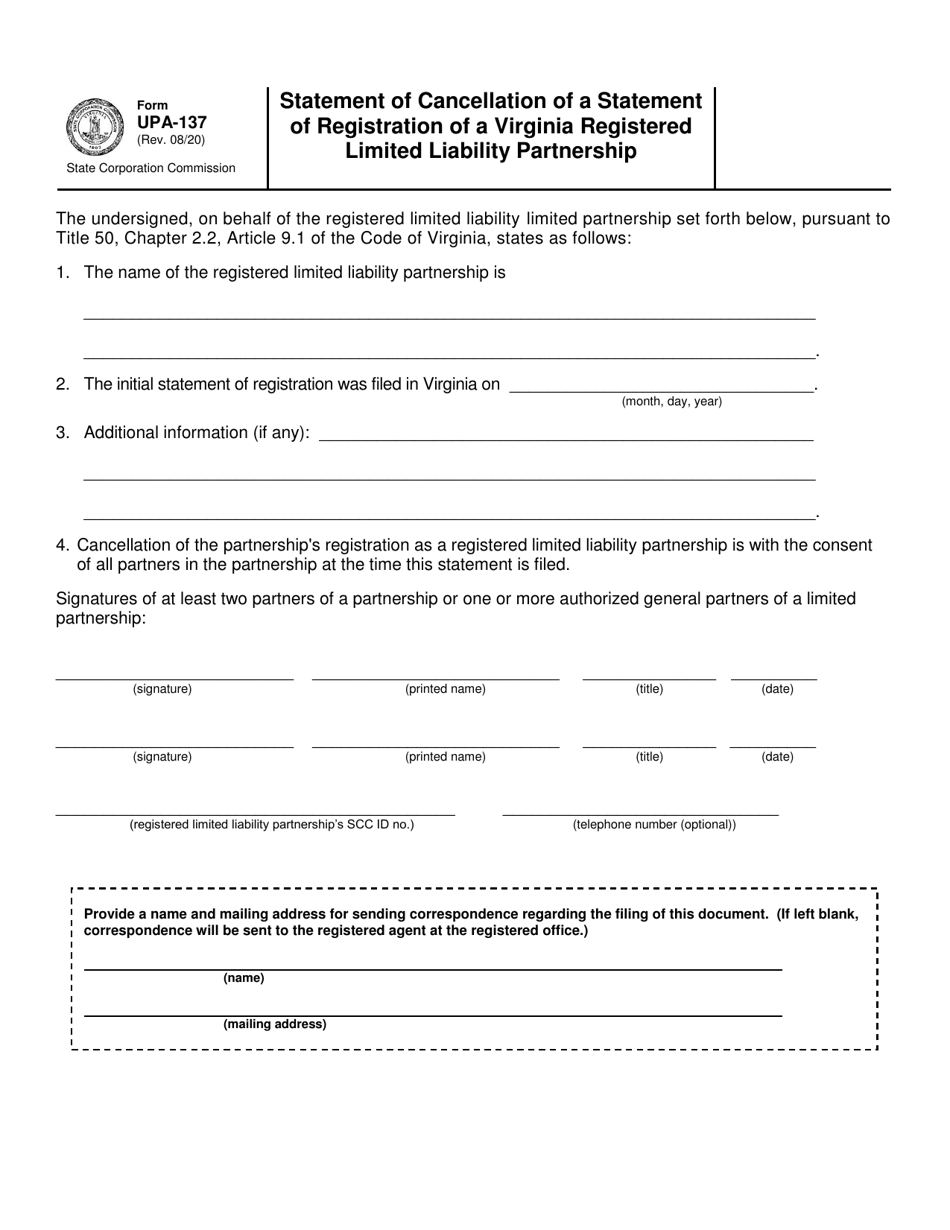 Form UPA-137 Statement of Cancellation of a Statement of Registration of a Virginia Registered Limited Liability Partnership - Virginia, Page 2