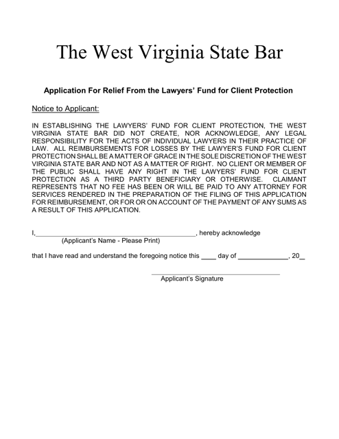 Application for Relief From the Lawyers' Fund for Client Protection - West Virginia Download Pdf