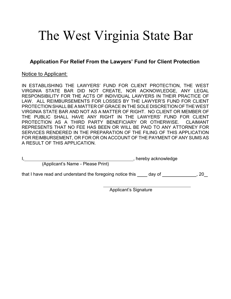 Application for Relief From the Lawyers Fund for Client Protection - West Virginia, Page 1