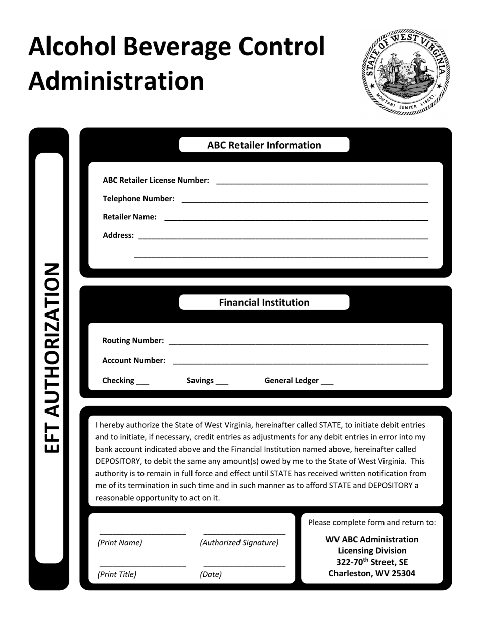 West Virginia Automatic Debit Authorization Form Alcohol Beverage