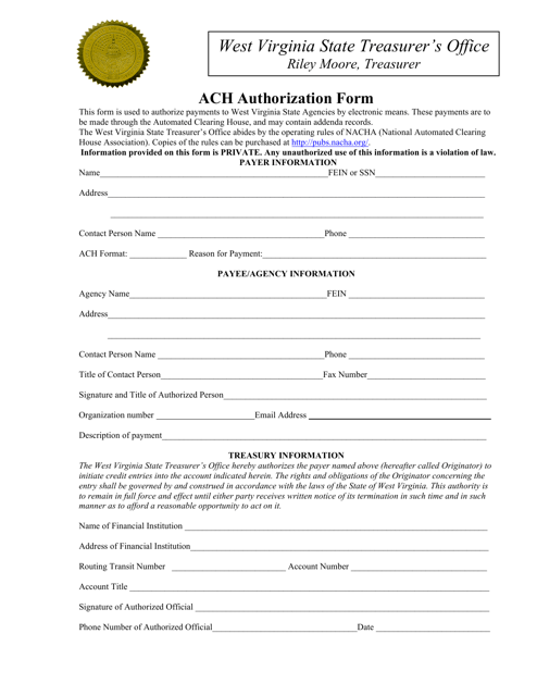 ACH Authorization Form - West Virginia Download Pdf