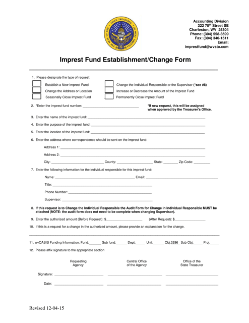 Imprest Fund Establishment/Change Form - West Virginia