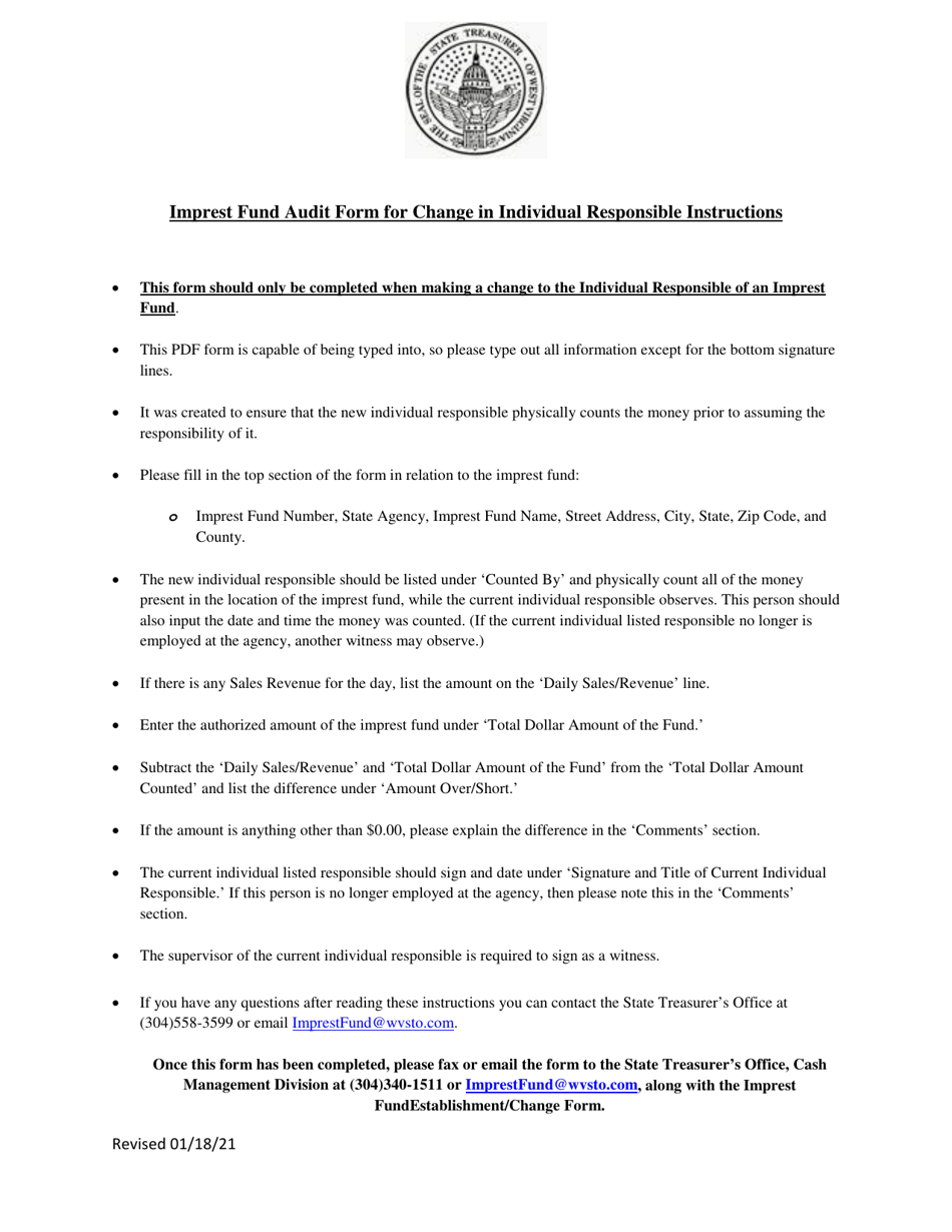 Imprest Fund Audit Form for Change in Individual Responsible - West Virginia, Page 1
