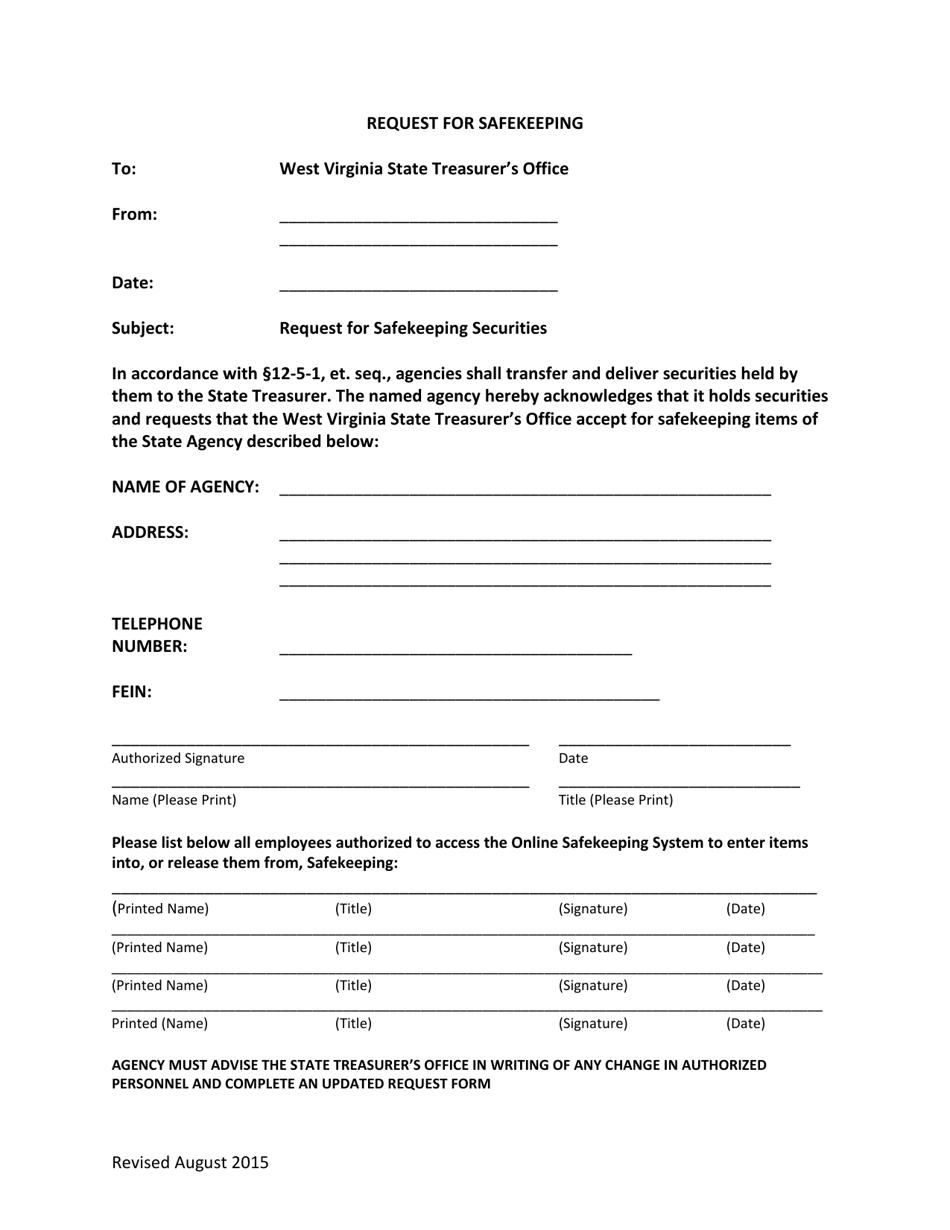 West Virginia Request for Safekeeping Fill Out, Sign Online and