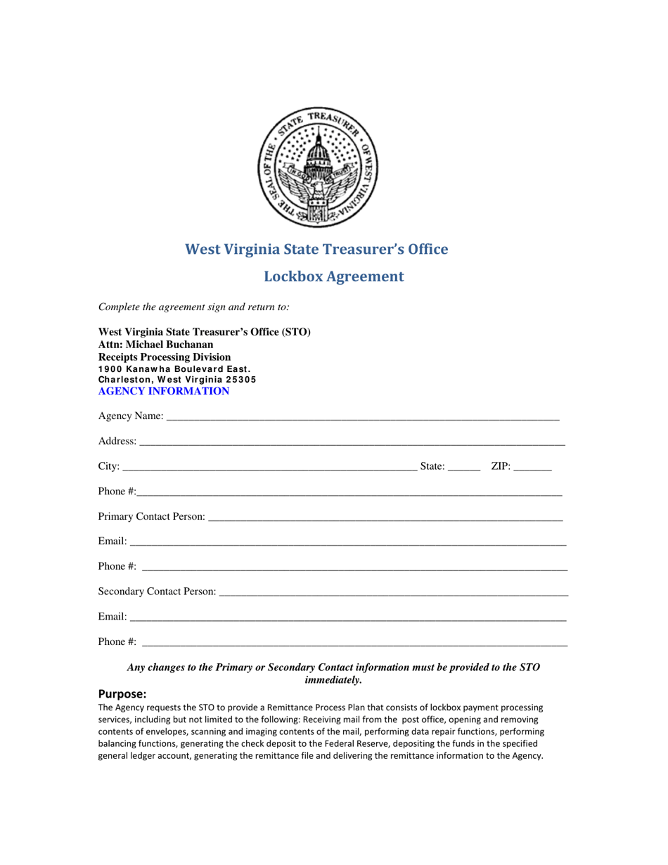 West Virginia Lockbox Agreement Fill Out, Sign Online and Download