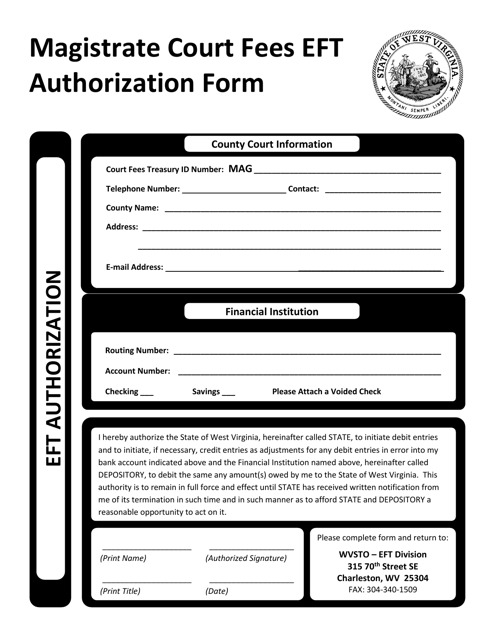 Magistrate Court Fees Eft Authorization Form - West Virginia Download Pdf