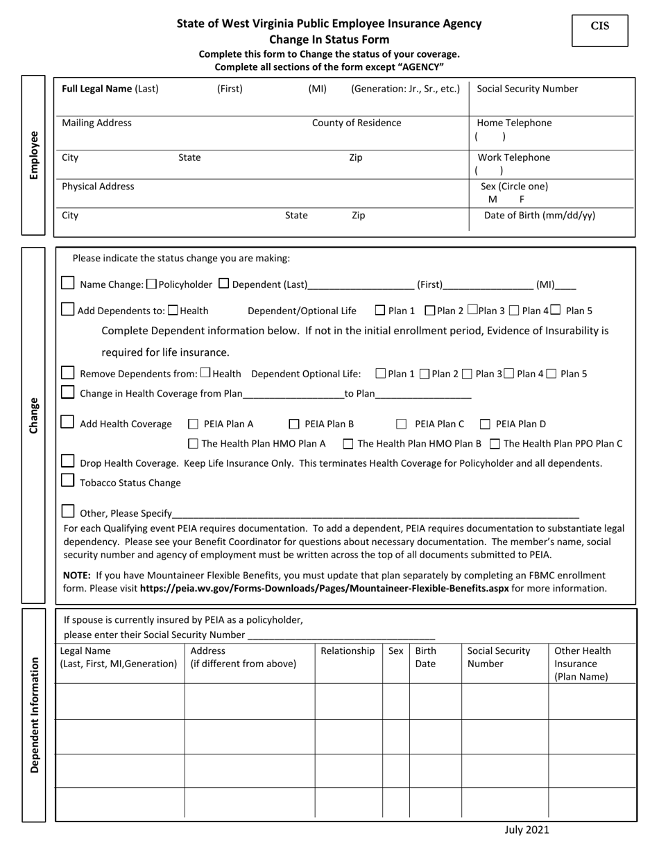 Change in Status Form - West Virginia, Page 1