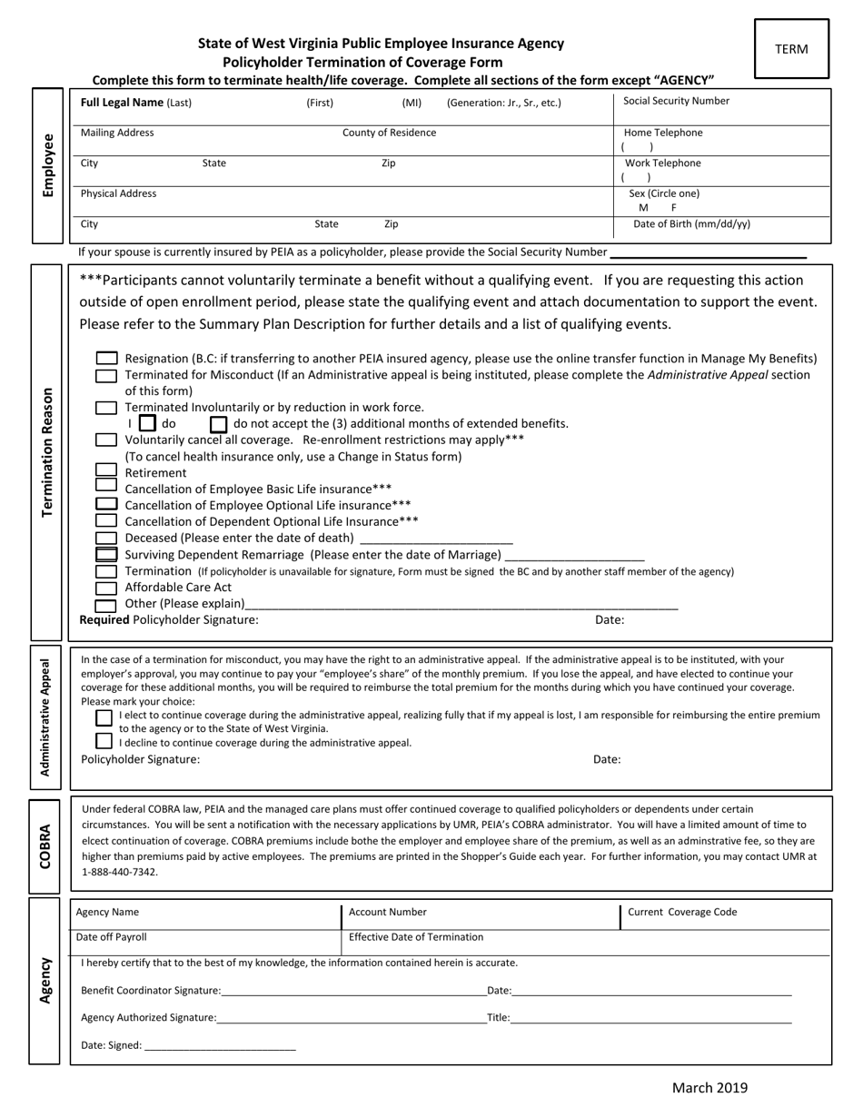 Policyholder Termination of Coverage Form - West Virginia, Page 1