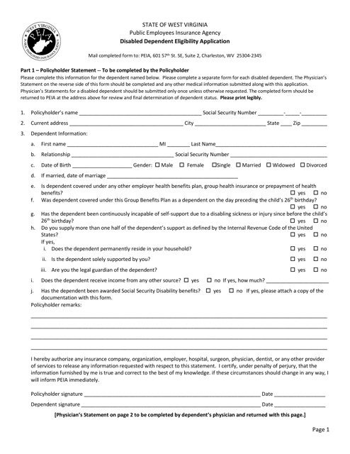 Disabled Dependent Eligibility Application - West Virginia Download Pdf