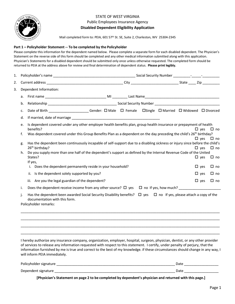 West Virginia Disabled Dependent Eligibility Application Fill Out Sign Online And Download 6292