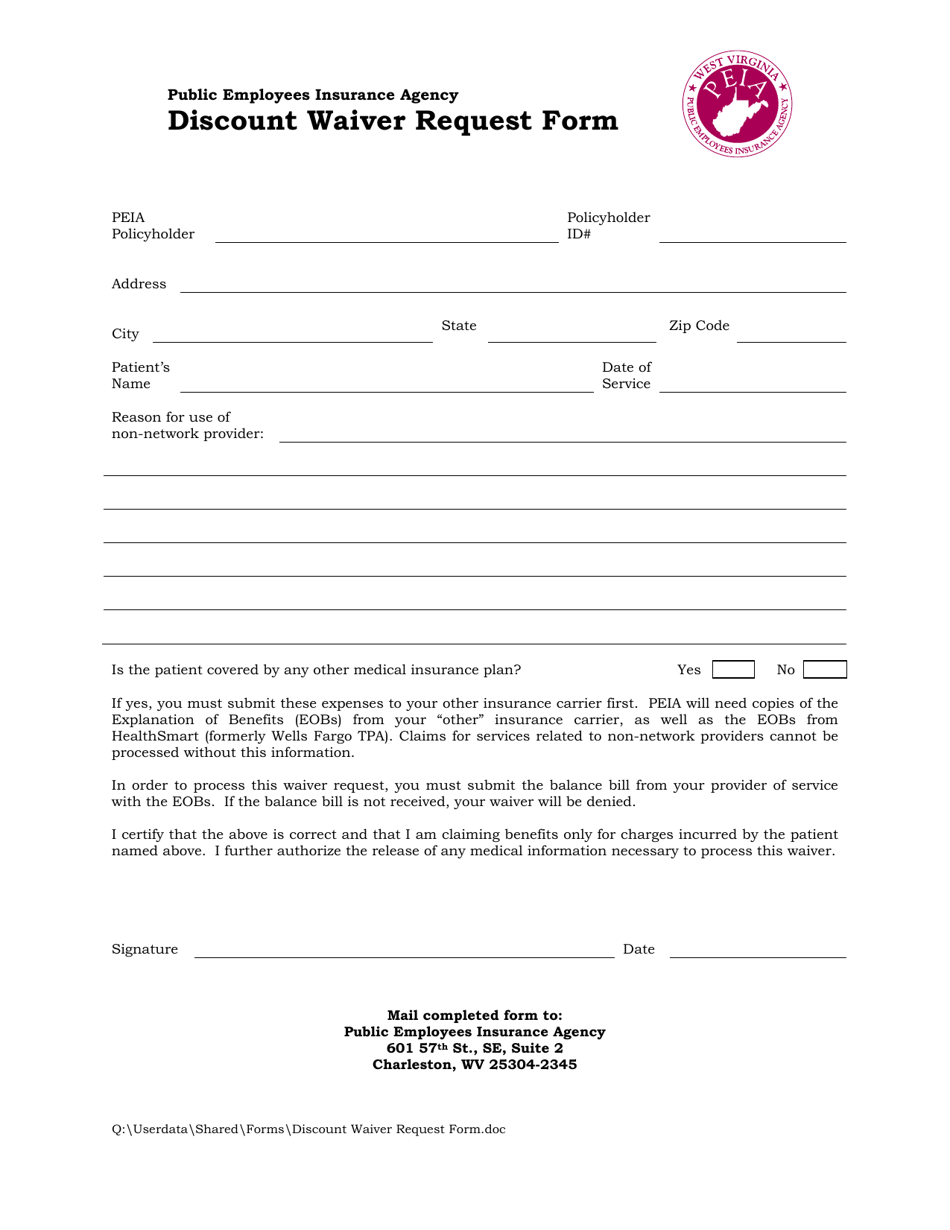 Discount Waiver Request Form - West Virginia, Page 1
