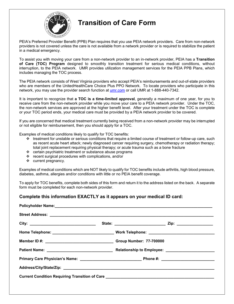 Transition of Care Form - West Virginia, Page 1
