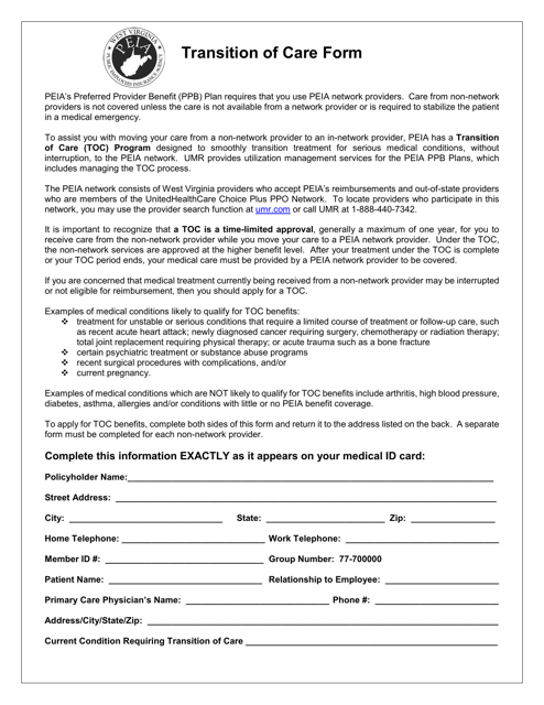 Transition of Care Form - West Virginia Download Pdf