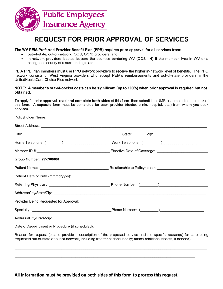 Request for Prior Approval of Services - West Virginia, Page 1