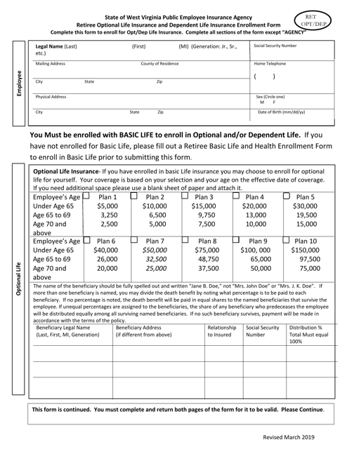 Retiree Optional Life Insurance and Dependent Life Insurance Enrollment Form - West Virginia Download Pdf