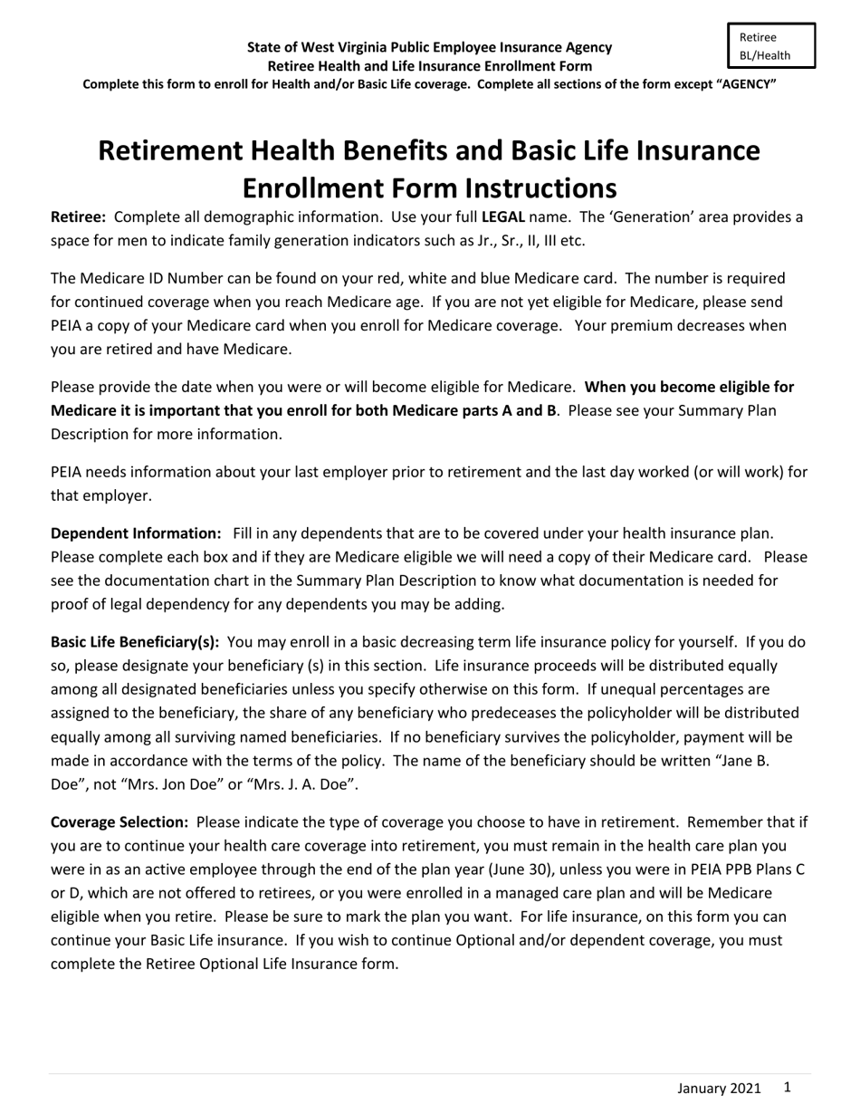 Retirement Health Benefits and Basic Life Insurance Enrollment Form - West Virginia, Page 1