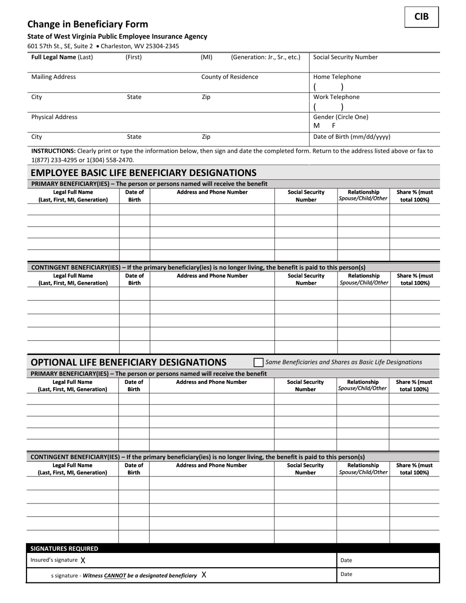 Change in Beneficiary Form - West Virginia, Page 1