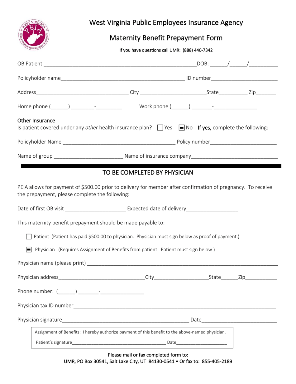 Maternity Benefit Prepayment Form - West Virginia, Page 1