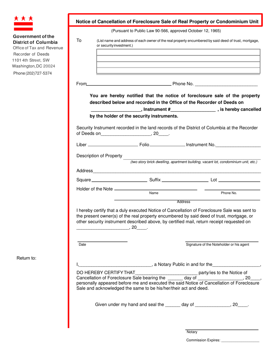 Form ROD15 Notice of Cancellation of Foreclosure Sale of Real Property or Condominium Unit - Washington, D.C., Page 1