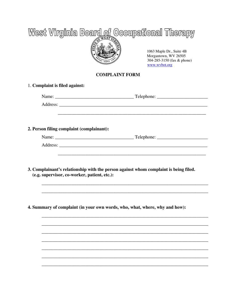 Complaint Form - West Virginia, Page 1