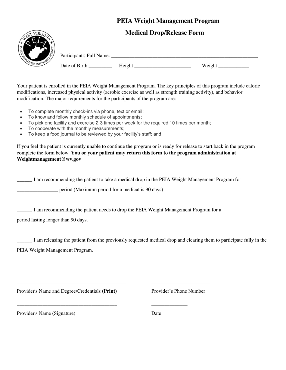 Medical Drop/Release Form - Peia Weight Management Program - West Virginia, Page 1