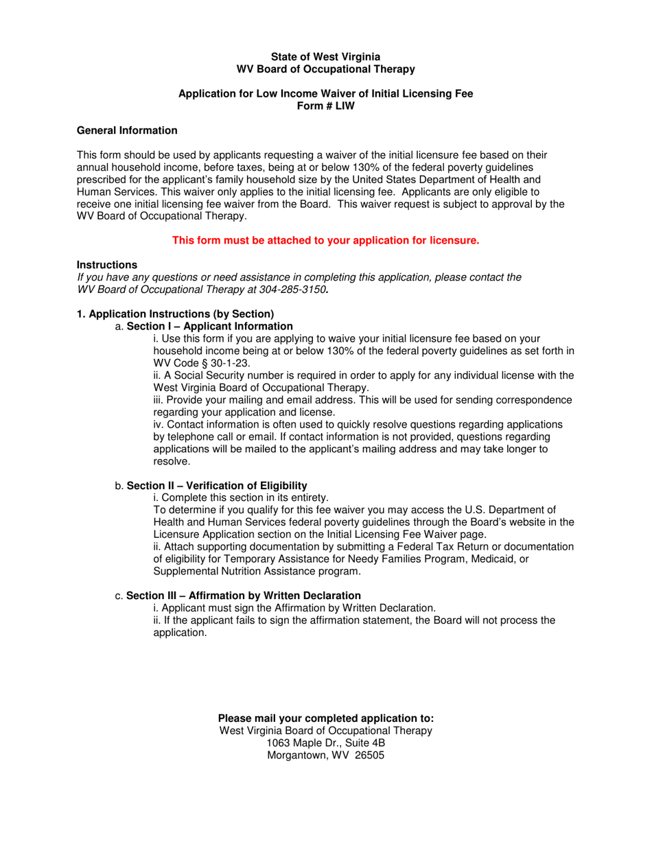 Form LIW Application for Low Income Waiver of Initial Licensing Fee - West Virginia, Page 1