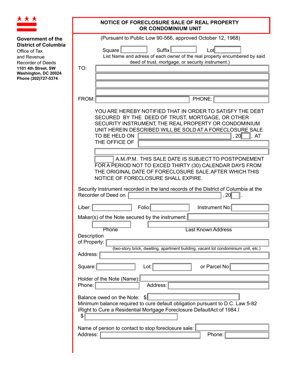 Form ROD14 Notice of Foreclosure Sale of Real Property or Condominium Unit - Washington, D.C., Page 1